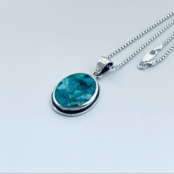 Sterling Silver Large Round Genuine Turquoise Necklace, Boho Necklace - Picture 3 of 13